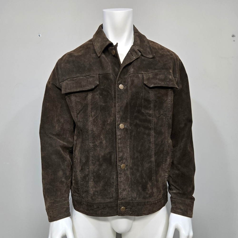 Vintage Club Room Suede Leather Trucker Jacket Men Large Chocolate Brown Western